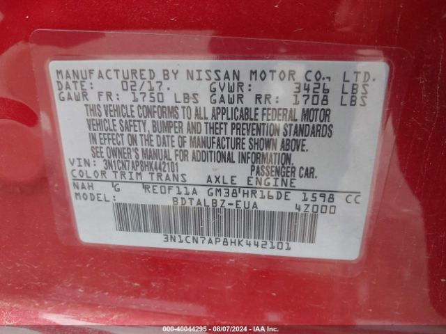 2017 NISSAN VERSA 3N1CN7AP8HK442101 Photo 8