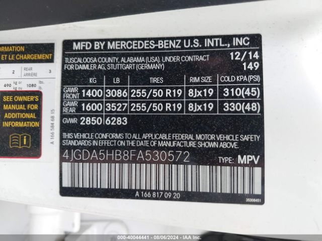 4JGDA5HB8FA530572 Mercedes-Benz Ml 350 4matic