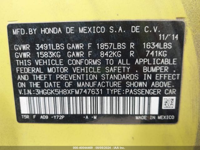 3HGGK5H8XFM747631 Honda Fit Ex/ex-l