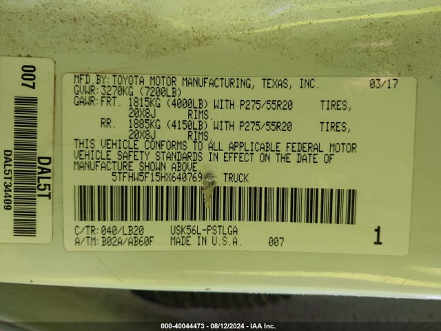 5TFHW5F15HX640769 Toyota Tundra Limited 5.7l V8