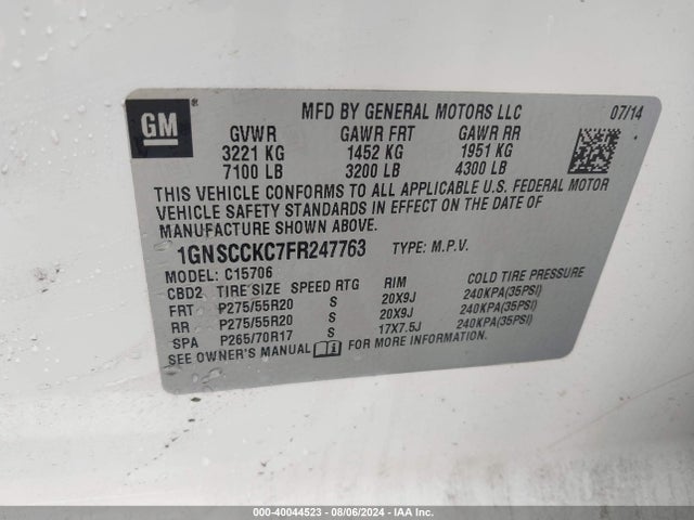 1GNSCCKC7FR247763 Chevrolet Tahoe Ltz