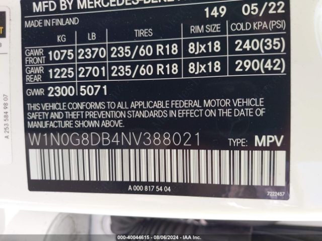 W1N0G8DB4NV388021 Mercedes-Benz Glc 300 Suv