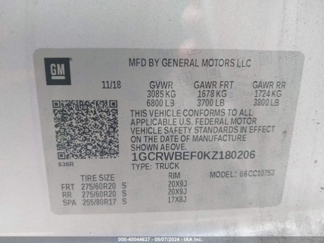 1GCRWBEF0KZ180206 Chevrolet Silverado 1500 Custom