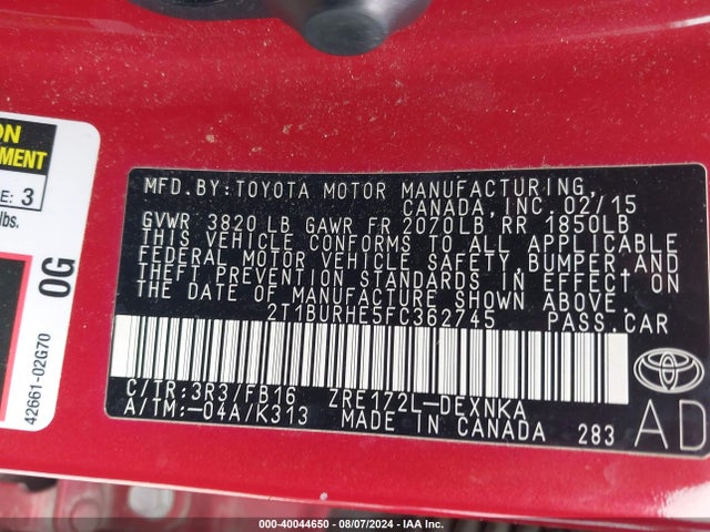 Toyota COROLLA LE 2015 2T1BURHE5FC362745 Image 9