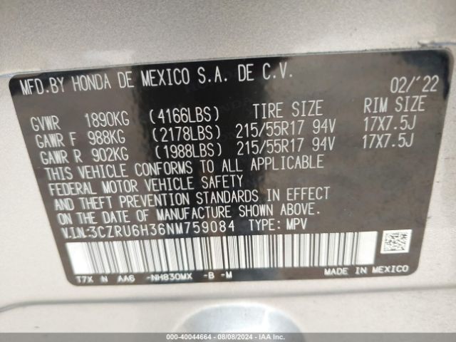 3CZRU6H36NM759084 Honda Hr-v Awd Lx
