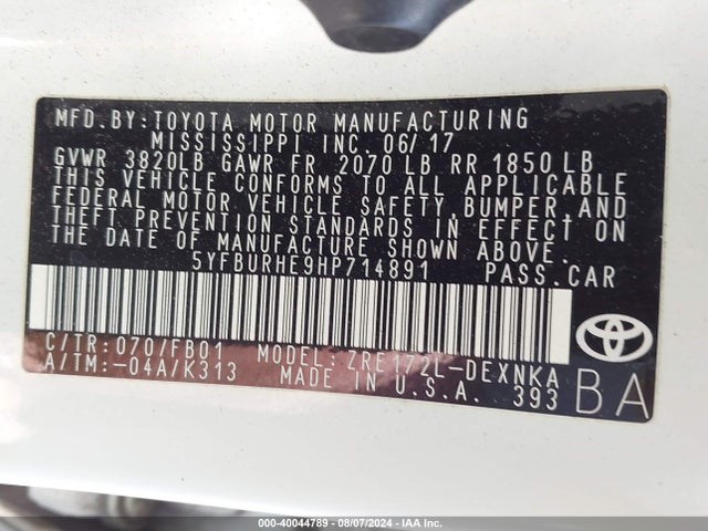 Toyota COROLLA LE 2017 5YFBURHE9HP714891 Image 9