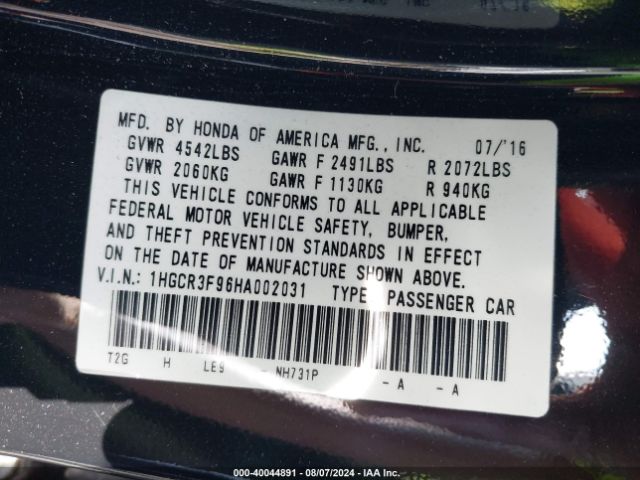 1HGCR3F96HA002031 Honda Accord Touring V6