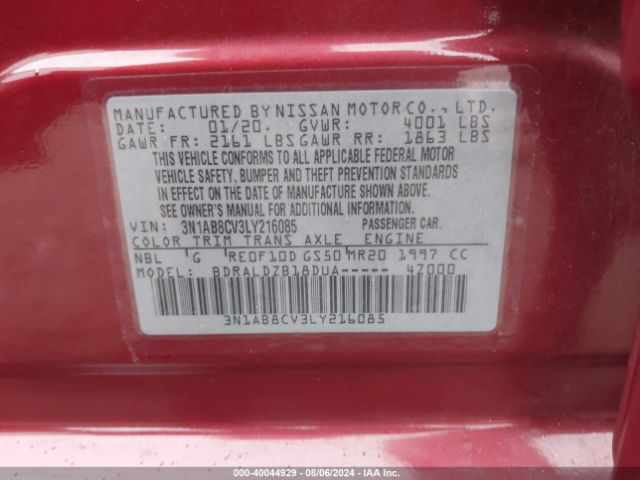 3N1AB8CV3LY216085 Nissan Sentra Sv Xtronic Cvt
