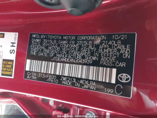 JTDEAMDEXNJ043939 Toyota Corolla Hybrid Le