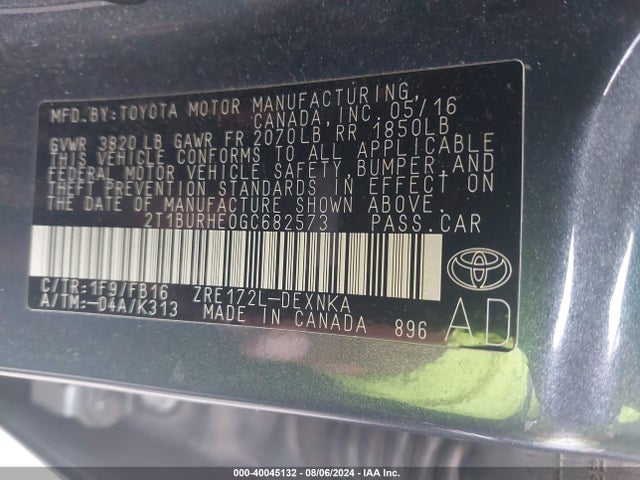 Toyota COROLLA LE 2016 2T1BURHE0GC682573 Image 9