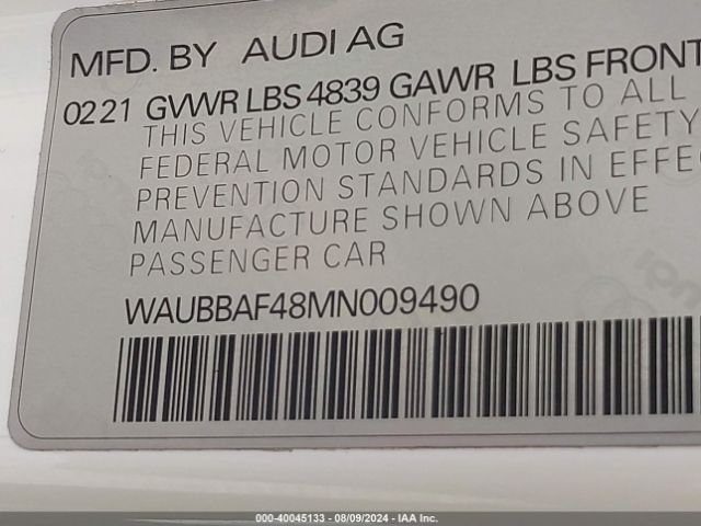 WAUBBAF48MN009490 Audi A4 Premium Plus 40 Tfsi Quattro S Tronic