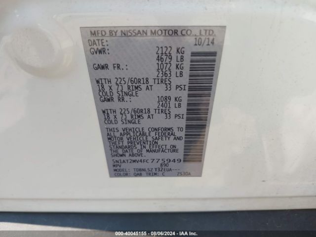 5N1AT2MV4FC775949 Nissan Rogue Sl