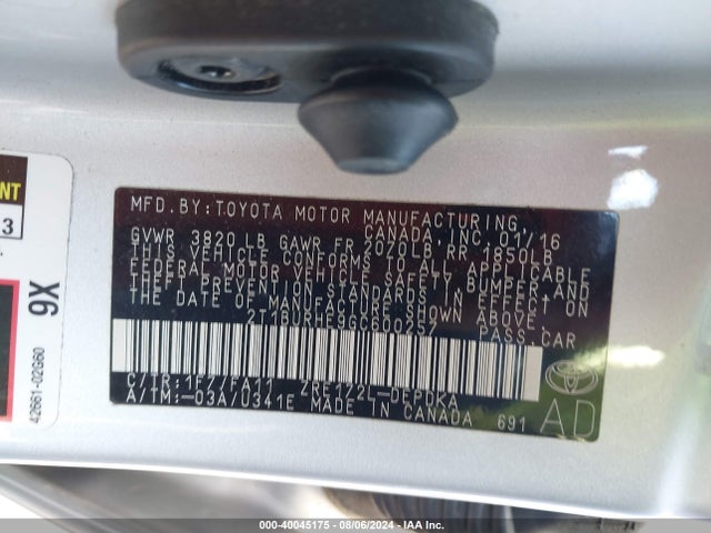 Toyota COROLLA L 2016 2T1BURHE9GC600257 Image 9