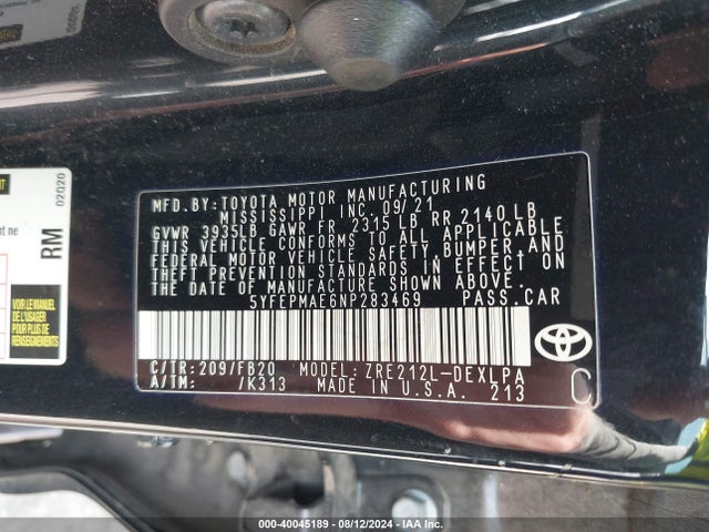 Toyota COROLLA LE 2022 5YFEPMAE6NP283469 Image 9