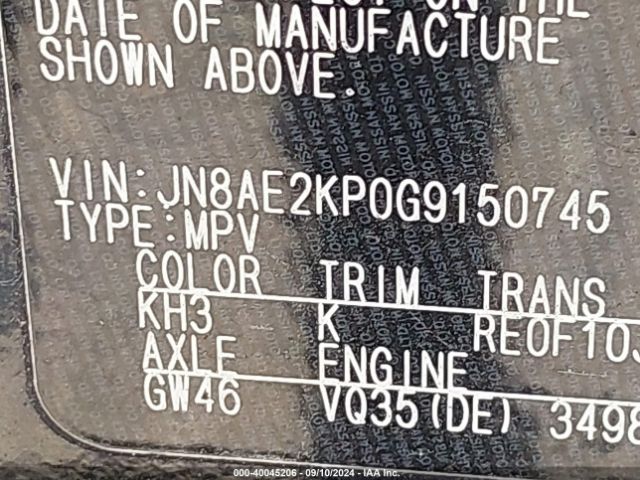 JN8AE2KP0G9150745 Nissan Quest Platinum/s/sl/sv