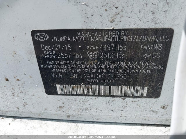 Hyundai SONATA SE 2016 5NPE24AF0GH371750 Image 9