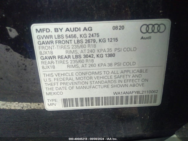 WA1ANAFY6L2110062 Audi Q5 Premium 45 Tfsi Quattro S Tronic