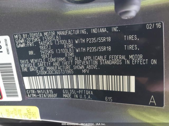 5TDDK3DC3GS131965 Toyota Sienna Limited 7 Passenger