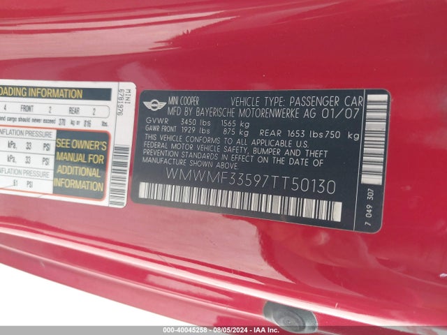 2007 MINI COOPER WMWMF33597TT50130 Photo 8