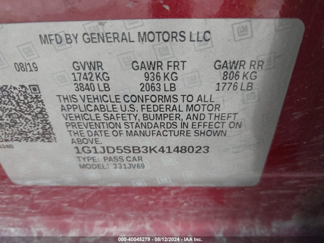 Chevrolet Sonic Lt Auto 2019 1G1JD5SB3K4148023 Image 9