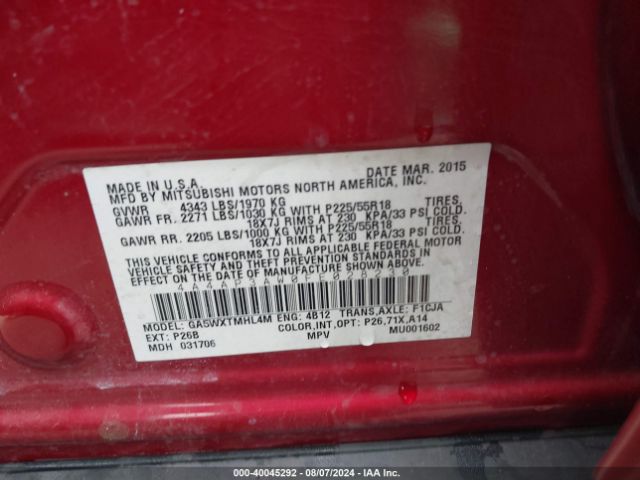 4A4AP3AW0FE028230 Mitsubishi Outlander Sport Es
