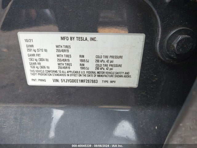 2021 TESLA MODEL Y 5YJYGDEE1MF287883 Photo 8