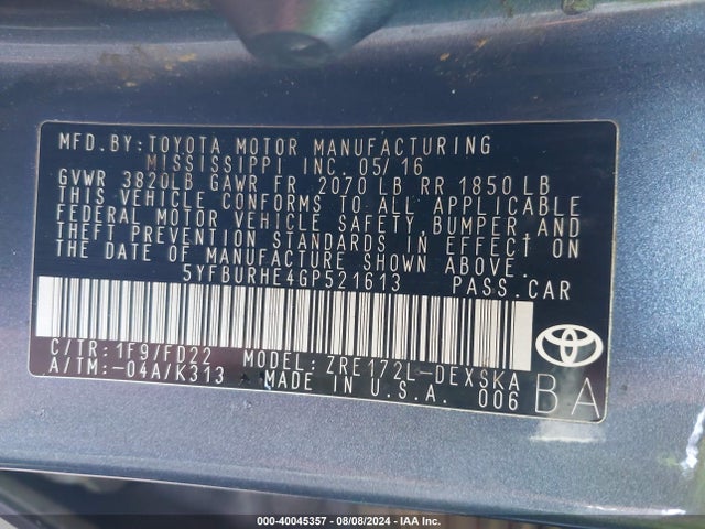 Toyota Corolla S Plus 2016 5YFBURHE4GP521613 Image 9