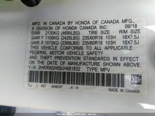 2HKRW2H59JH681832 Honda CR-V EX