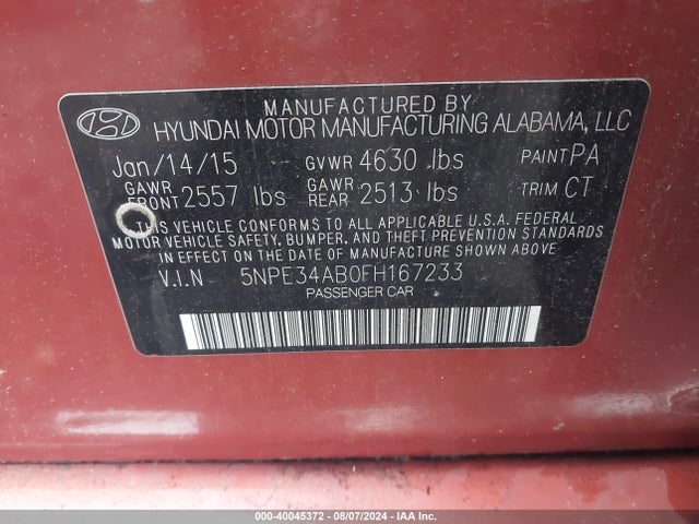 Hyundai Sonata Limited 2.0t 2015 5NPE34AB0FH167233 Image 9