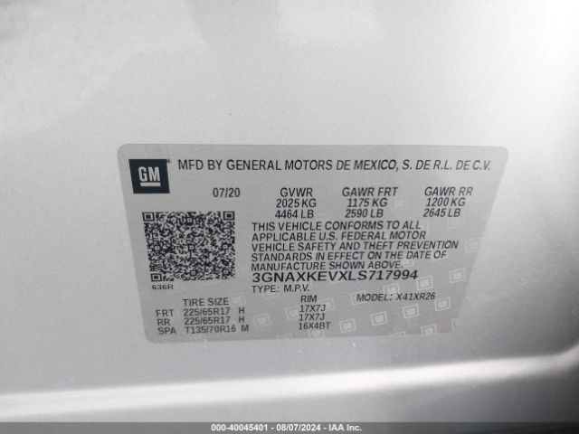 3GNAXKEVXLS717994 Chevrolet Equinox Fwd Lt 1.5l Turbo