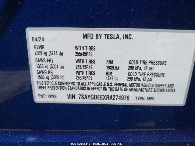 2024 TESLA MODEL Y 7SAYGDEEXRA274976 Photo 8
