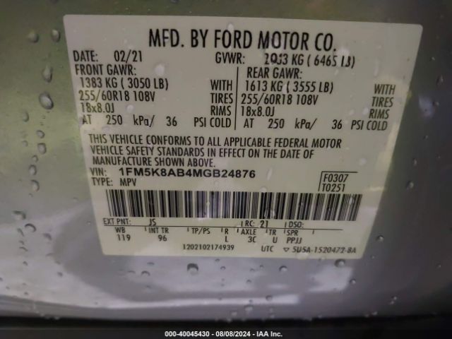 1FM5K8AB4MGB24876 Ford Police Interceptor Utility
