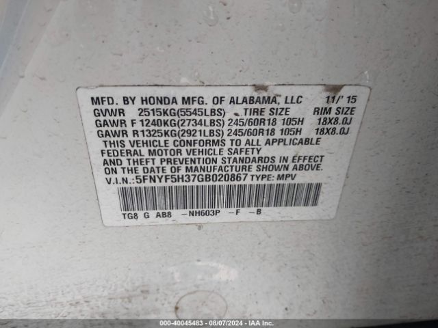 5FNYF5H37GB020867 Honda Pilot Ex