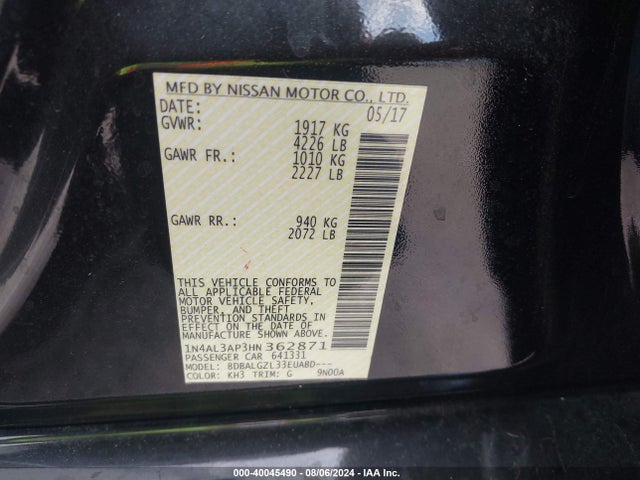Nissan Altima 2.5 S 2017 1N4AL3AP3HN362871 Image 9