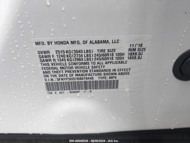 Honda Pilot Ex-l 2019 5FNYF5H57KB019440 Image 9