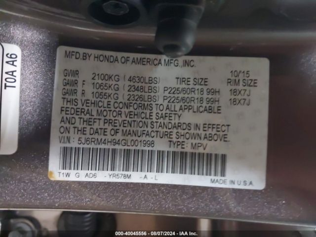 5J6RM4H94GL001998 Honda Cr-v Touring