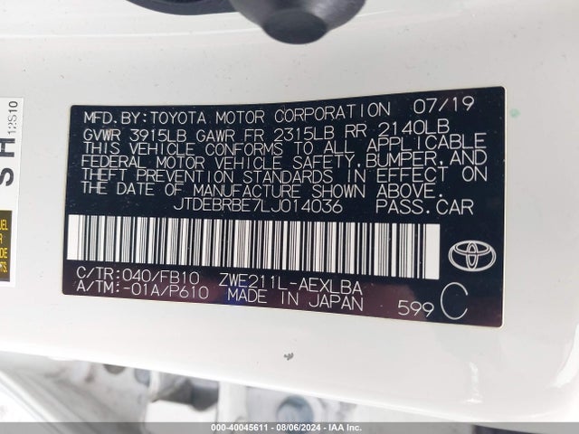 JTDEBRBE7LJ014036 Toyota Corolla Hybrid Le