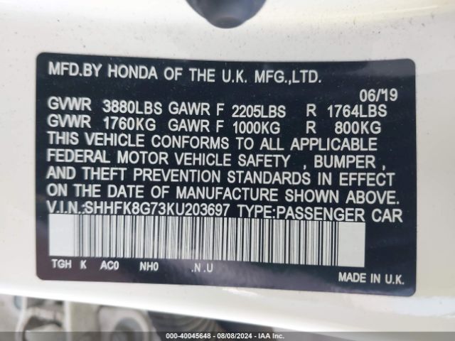 SHHFK8G73KU203697 Honda Civic Type R Touring