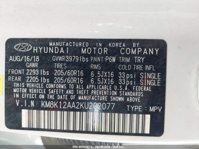 KM8K12AA2KU202077 Hyundai Kona Se