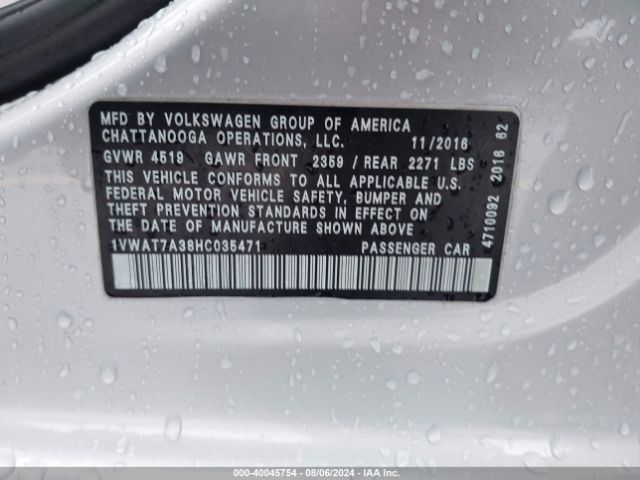 1VWAT7A38HC035471 Volkswagen Passat 1.8t S
