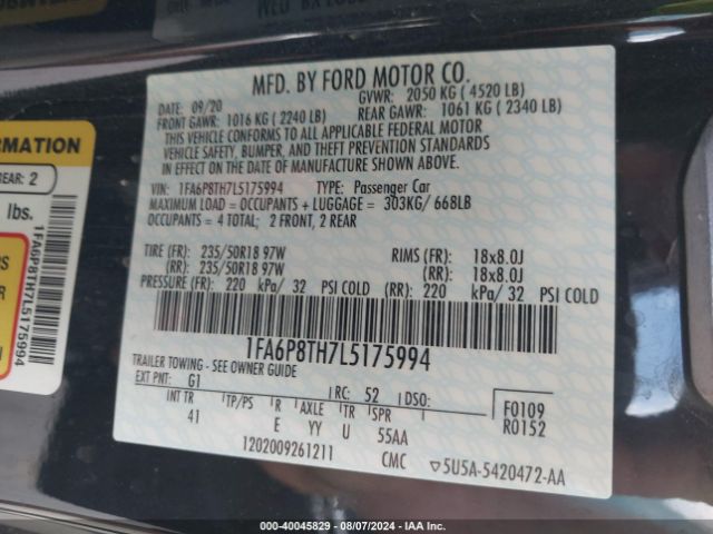 1FA6P8TH7L5175994 Ford Mustang Ecoboost Premium Fastback