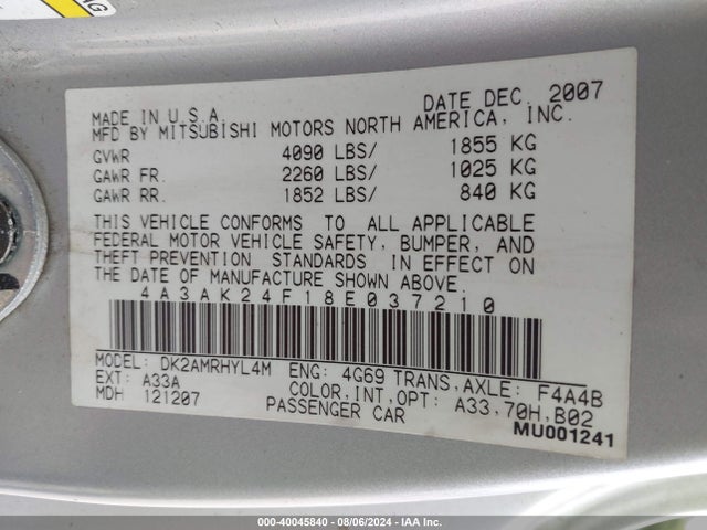 2008 MITSUBISHI ECLIPSE 4A3AK24F18E037210 Photo 8