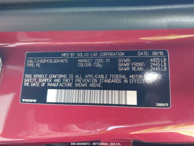 7JR102FK5LG041875 Volvo S60 T5 Momentum