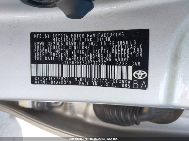 Toyota COROLLA LE 2018 5YFBURHE6JP837697 Image 9