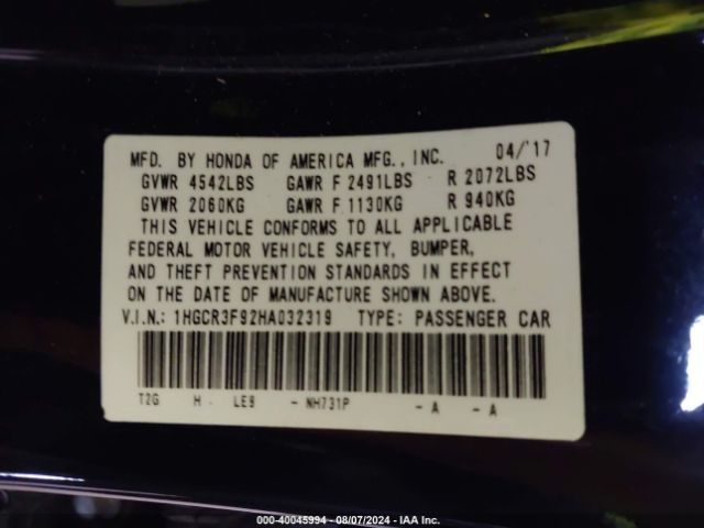 1HGCR3F92HA032319 Honda Accord Touring V6