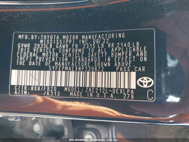 Toyota COROLLA LE 2022 5YFEPMAEXNP339672 Image 9