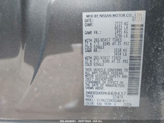1N6ED1EK0PN669437 Nissan Frontier Sv 4x4