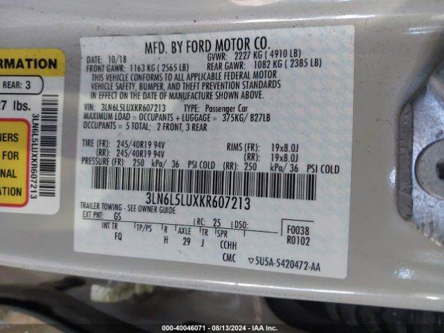 3LN6L5LUXKR607213 Lincoln Mkz Hybrid Reserve I