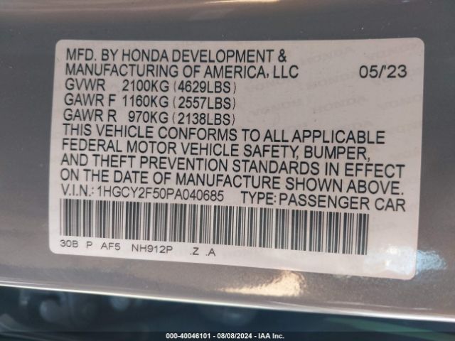 1HGCY2F50PA040685 Honda Accord Hybrid Sport