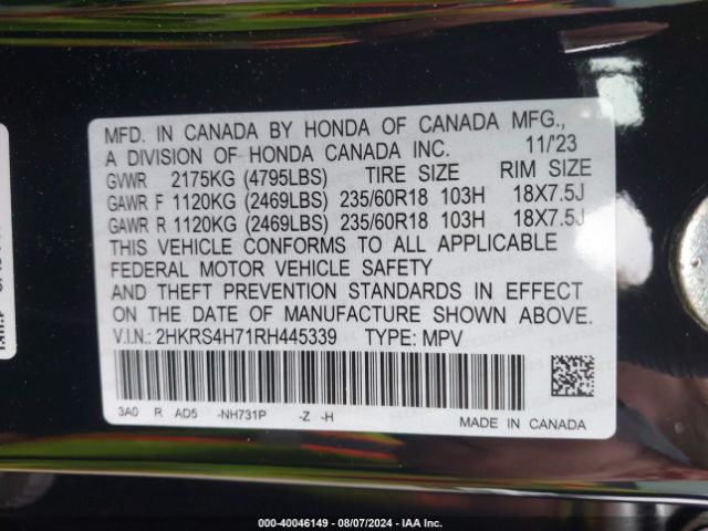 2HKRS4H71RH445339 Honda Cr-v Ex-l Awd